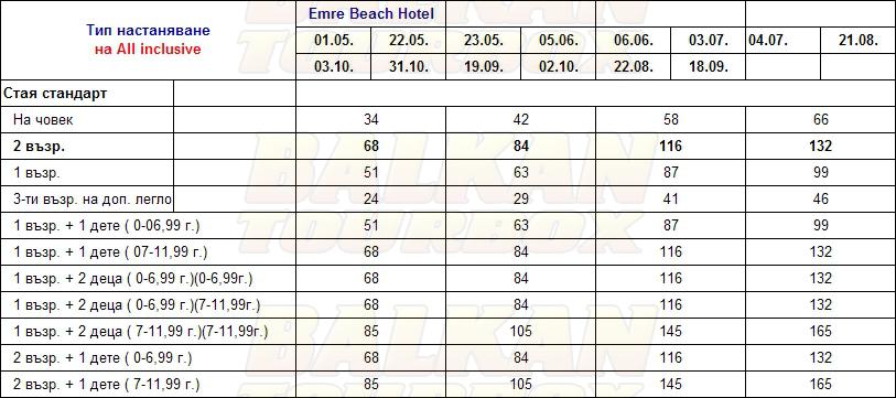 Emre Beach Hotel hotel price list , цени за хотел Emre Beach Hotel