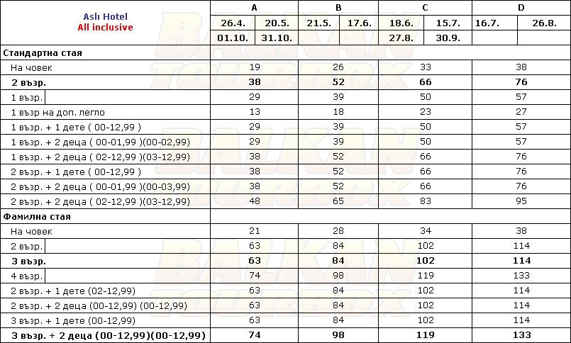 Asli hotel price list , цени за хотел Asli