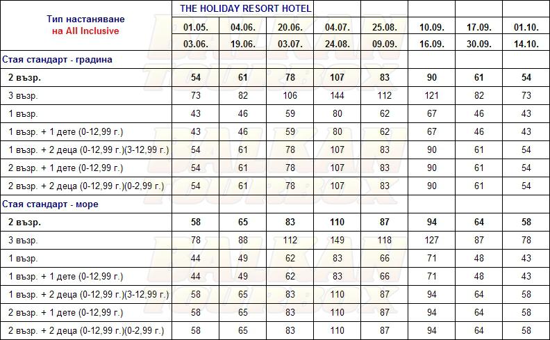 The Holiday Resort hotel price list , цени за хотел The Holiday Resort