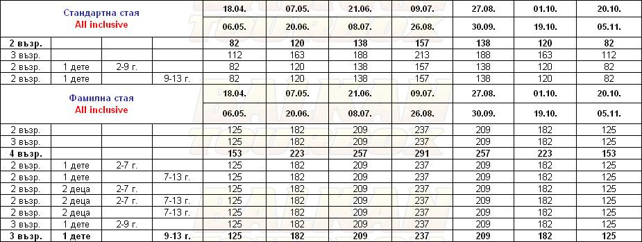Sural Resort hotel price list , цени за хотел Sural Resort