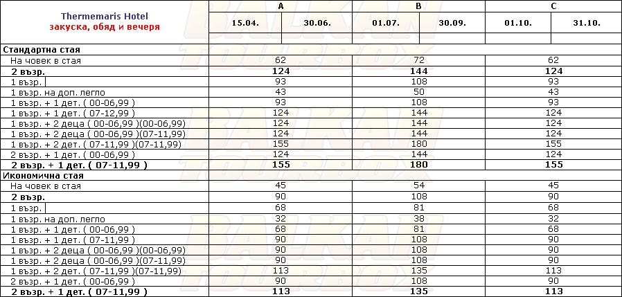 Therme Maris  Resort and Spa hotel price list , цени за хотел Therme Maris  Resort and Spa