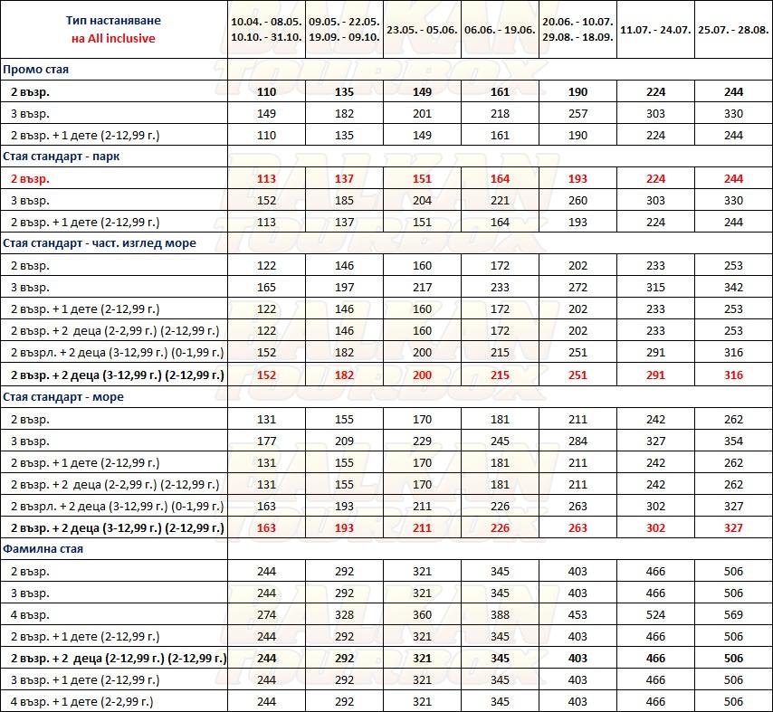 Green Nature Diamond hotel price list , цени за хотел Green Nature Diamond