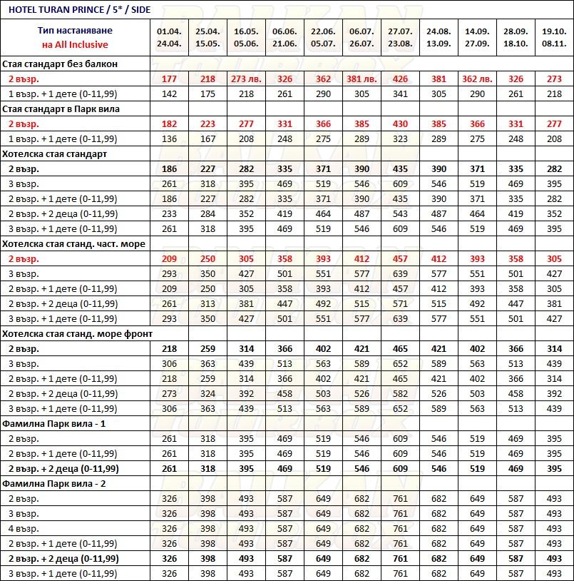 Turan Prince hotel price list , цени за хотел Turan Prince